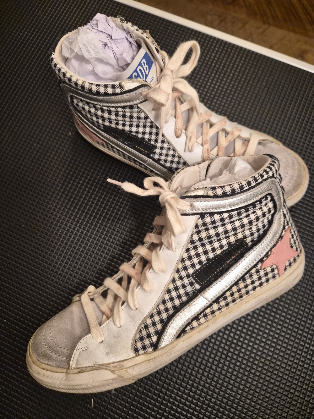 Golden Goose High-Top Checkered Sneakers with Pink Star